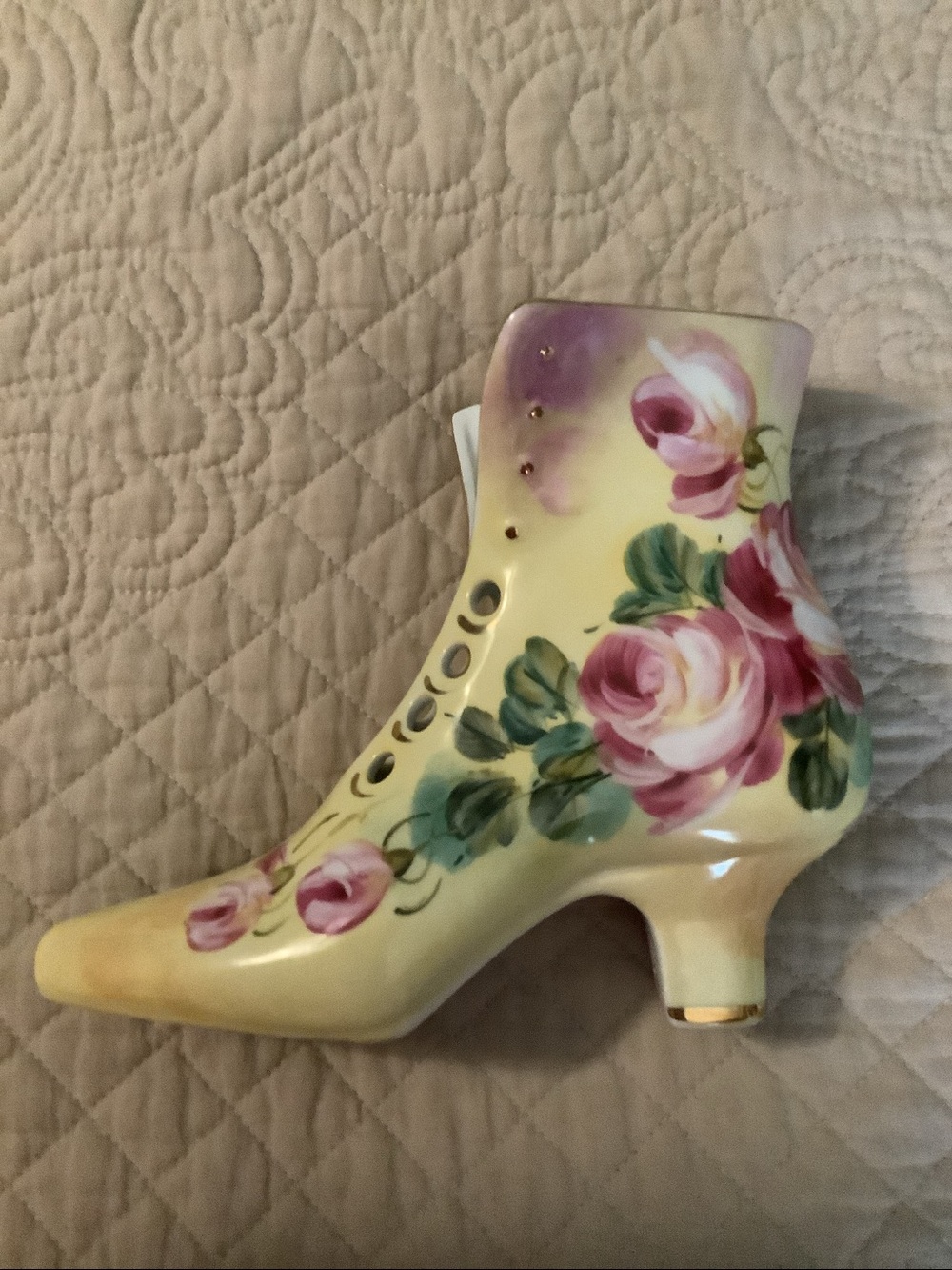 Limoges Yellow Floral Porcelain Shoe Vase with Pink Roses